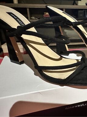 Nine West Black Suede Multi-Strap Heeled Sandals